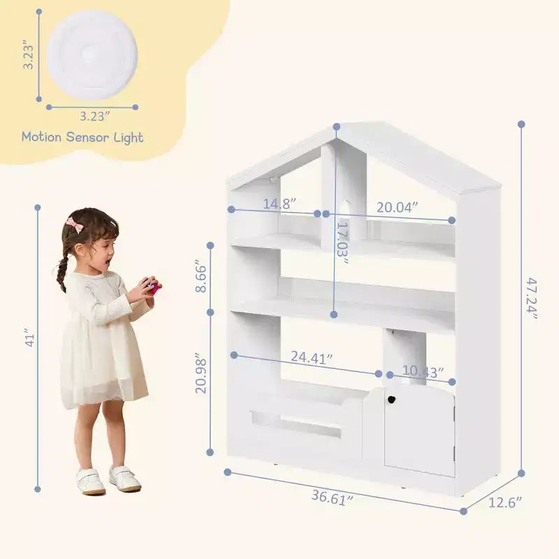 Libreria per bambini a 2 ripiani a forma di casetta in legno naturale con luce a sensore di movimento, 1 bambino