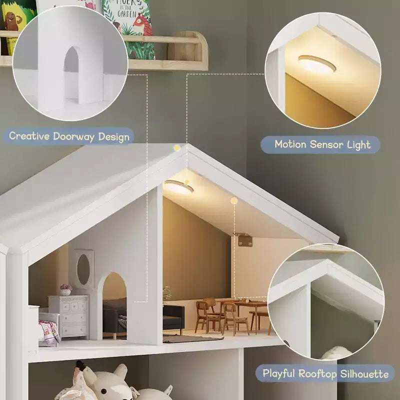Libreria per bambini a 2 ripiani a forma di casetta in legno naturale con luce a sensore di movimento, 1 bambino