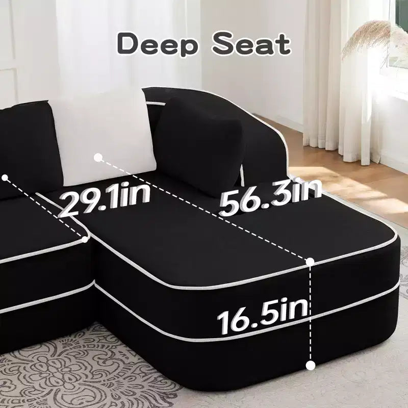 Divano componibile a L in tessuto teddy nero / cammello / verde / bianco – 3 posti