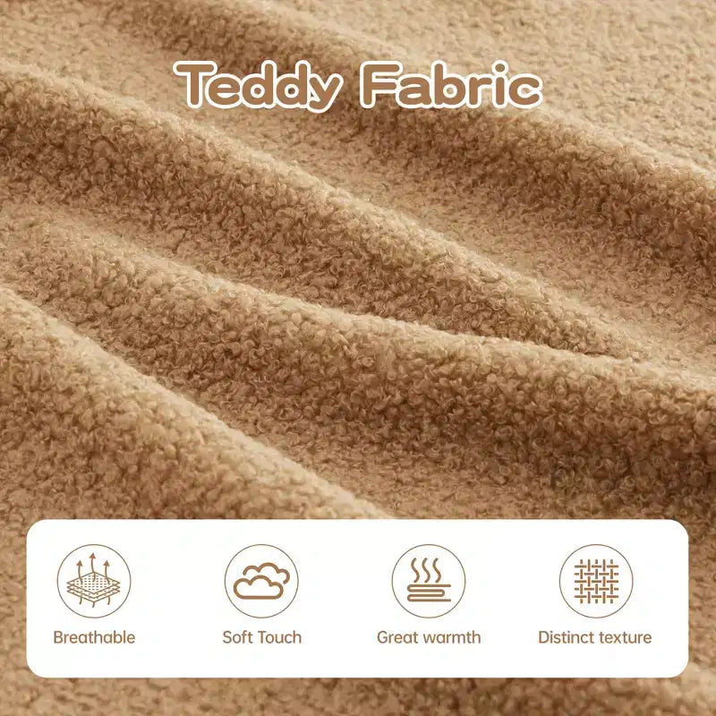 Divano componibile a L in tessuto teddy nero / cammello / verde / bianco – 3 posti
