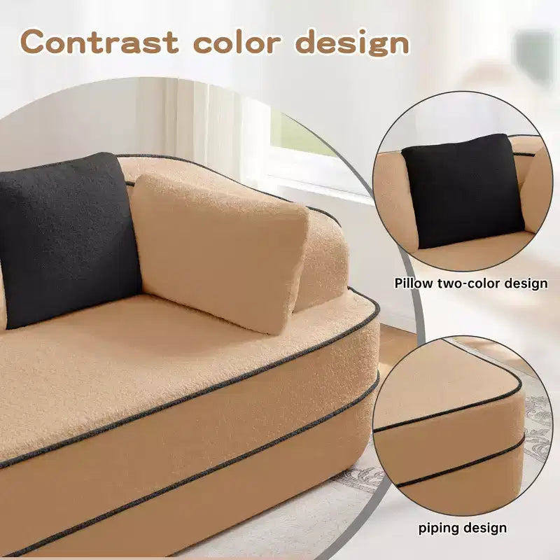 Divano componibile a L in tessuto teddy nero / cammello / verde / bianco – 3 posti