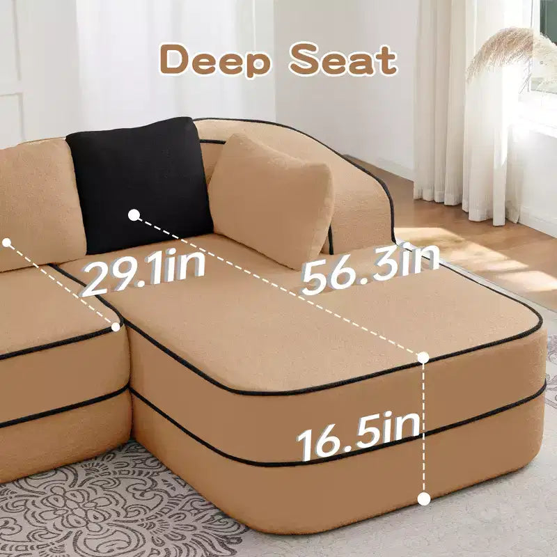 Divano componibile a L in tessuto teddy nero / cammello / verde / bianco – 3 posti