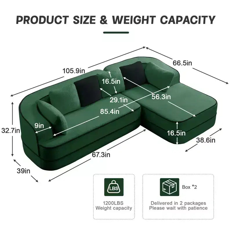 Divano componibile a L in tessuto teddy nero / cammello / verde / bianco – 3 posti