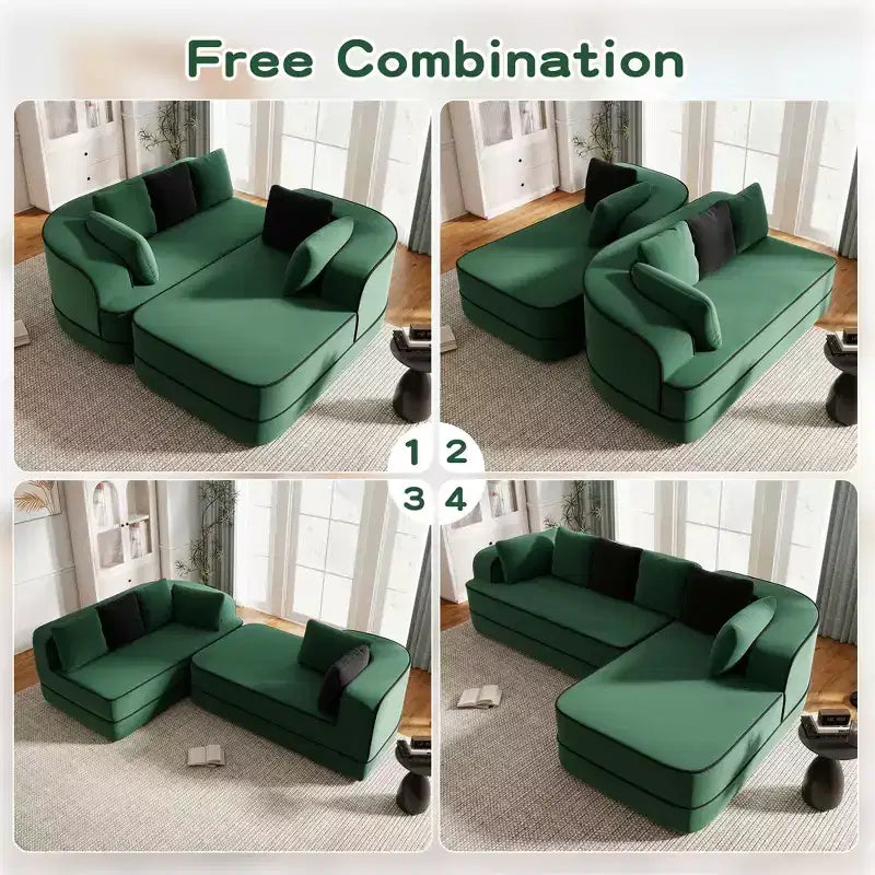 Divano componibile a L in tessuto teddy nero / cammello / verde / bianco – 3 posti