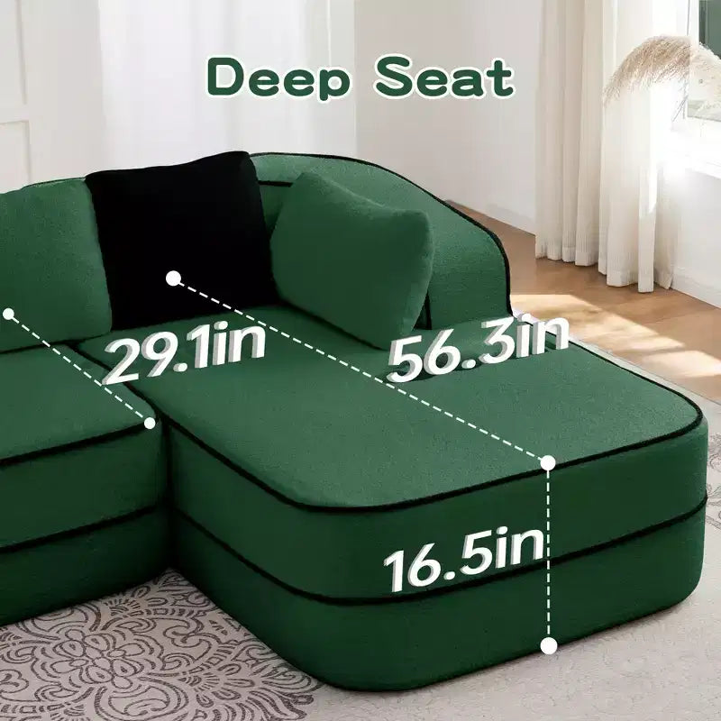 Divano componibile a L in tessuto teddy nero / cammello / verde / bianco – 3 posti
