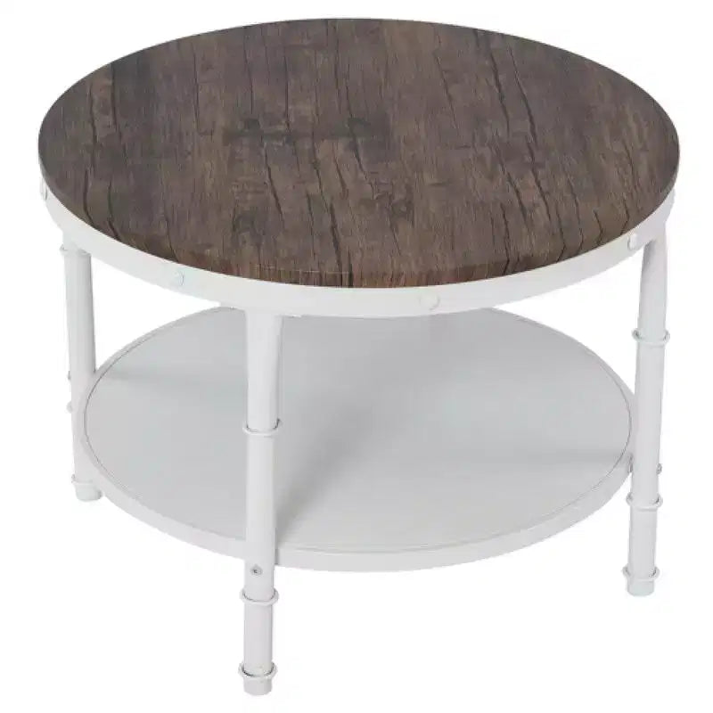 25.2in Double-layer Round Dark Walnut-colored Black-veined MDF Panel, White Wrinkled Baked Iron Frame, Industrial Style Coffee Table