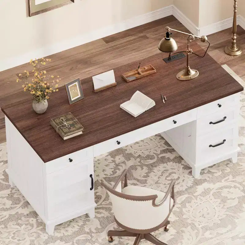 Scrivania da Ufficio in Legno Stile Fattoria Marrone / Marrone e Bianco con Cassetto per Cartelle, Singola