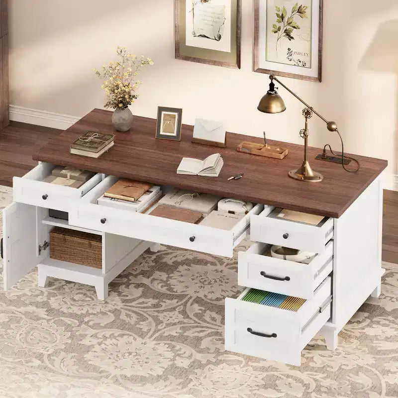Scrivania da Ufficio in Legno Stile Fattoria Marrone / Marrone e Bianco con Cassetto per Cartelle, Singola