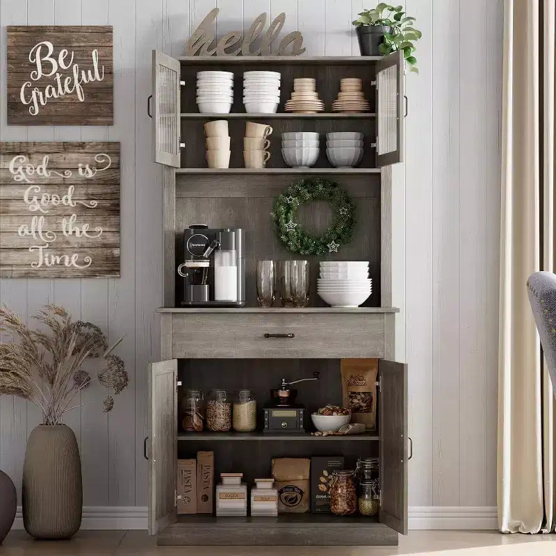 Dispensa da Cucina Autoportante da 71" con Ante in Vetro – Grigio / Bianco, Montaggio da 1 Persona