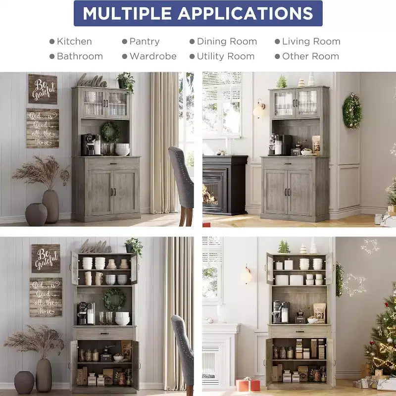 Dispensa da Cucina Autoportante da 71" con Ante in Vetro – Grigio / Bianco, Montaggio da 1 Persona