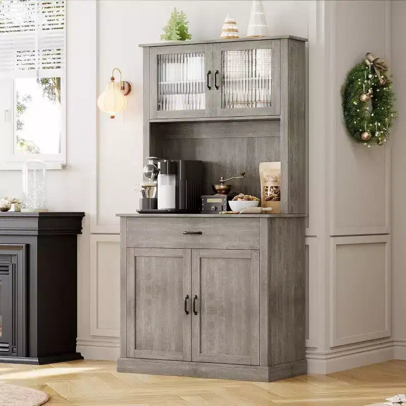 Dispensa da Cucina Autoportante da 71" con Ante in Vetro – Grigio / Bianco, Montaggio da 1 Persona