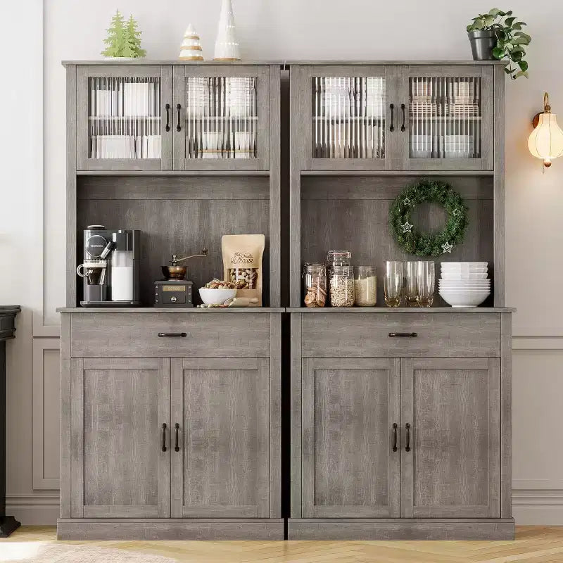 Dispensa da Cucina Autoportante da 71" con Ante in Vetro – Grigio / Bianco, Montaggio da 1 Persona