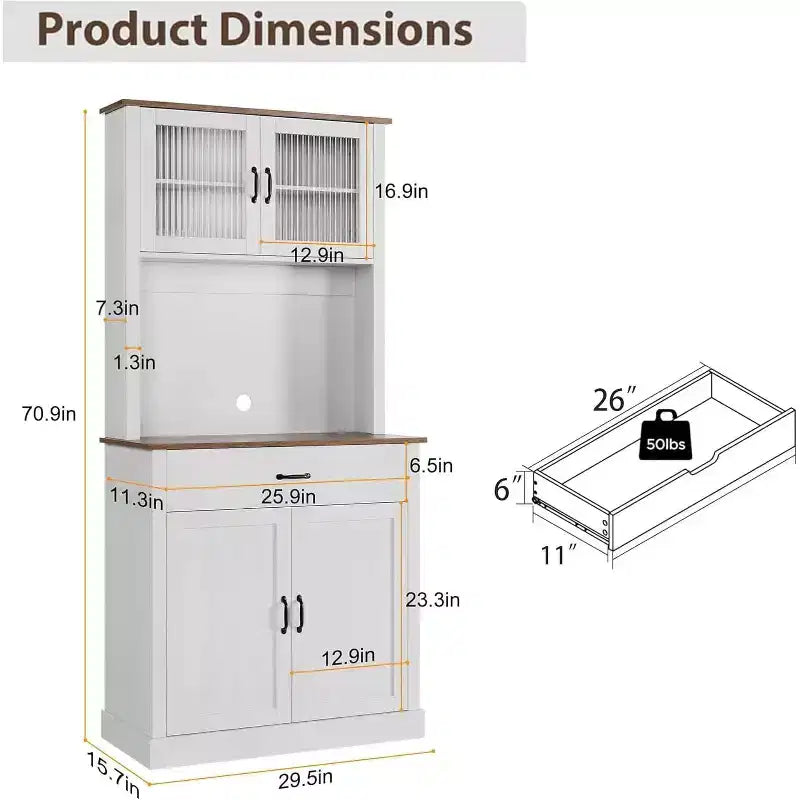 Dispensa da Cucina Autoportante da 71" con Ante in Vetro – Grigio / Bianco, Montaggio da 1 Persona