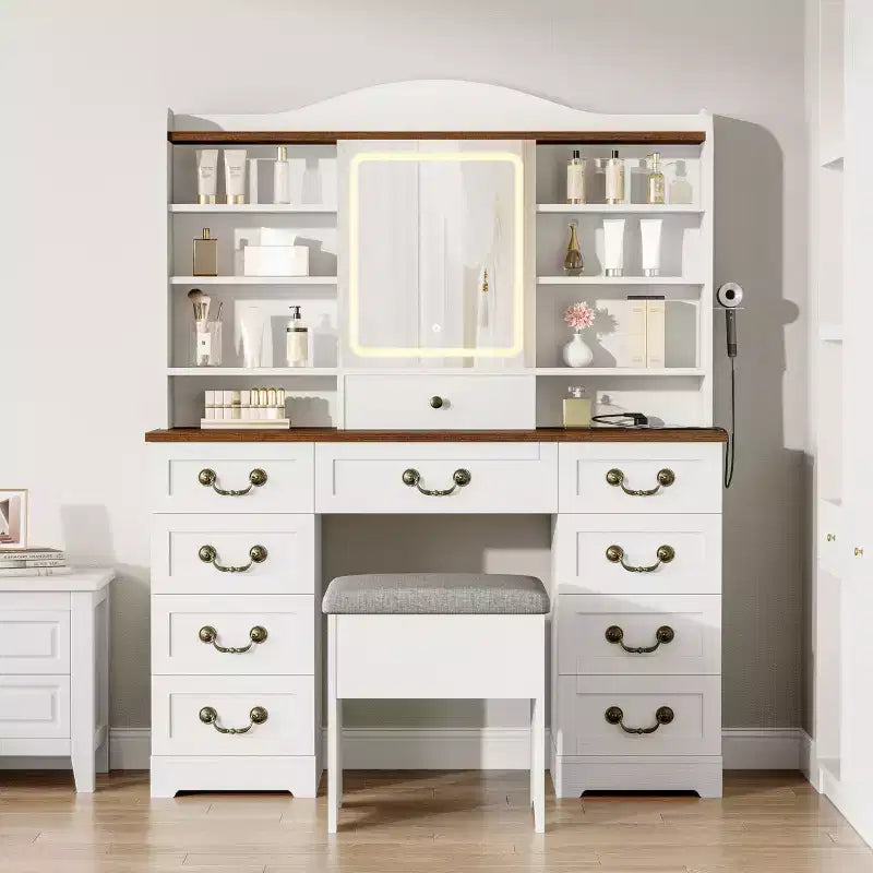 Scrivania da trucco da 47" color noce / noce+bianco con specchio, 10 cassetti e 8 ripiani, sgabello incluso – 1 persona