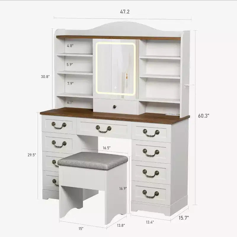 Scrivania da trucco da 47" color noce / noce+bianco con specchio, 10 cassetti e 8 ripiani, sgabello incluso – 1 persona