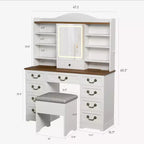 Scrivania da trucco da 47" color noce / noce+bianco con specchio, 10 cassetti e 8 ripiani, sgabello incluso – 1 persona