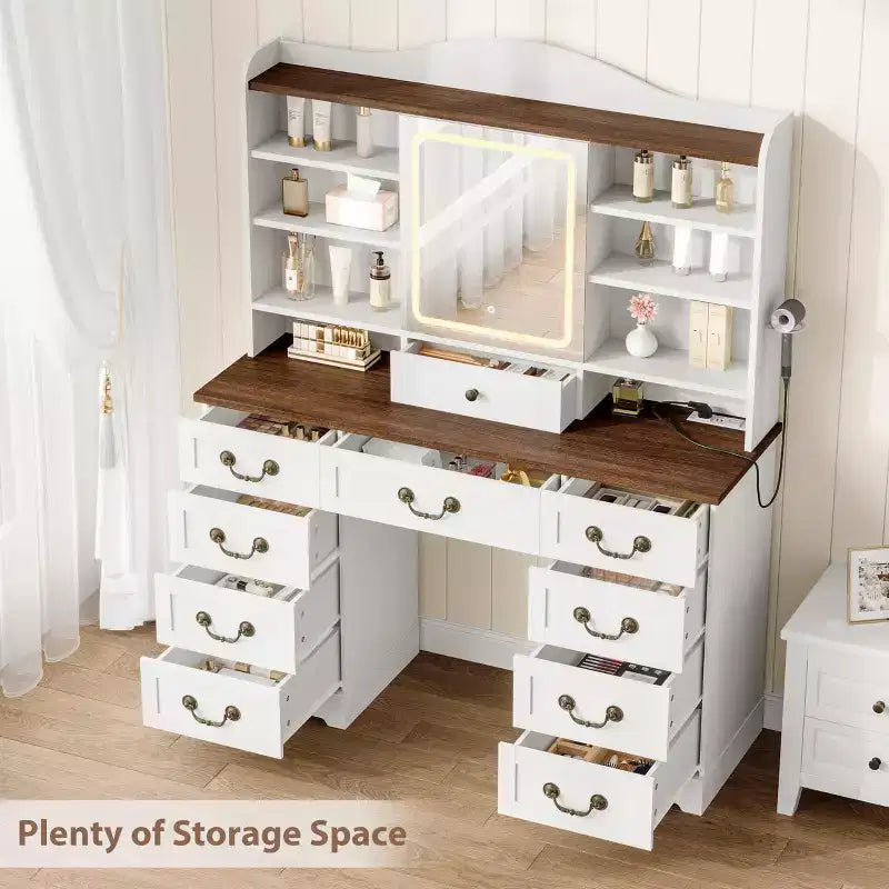 Scrivania da trucco da 47" color noce / noce+bianco con specchio, 10 cassetti e 8 ripiani, sgabello incluso – 1 persona