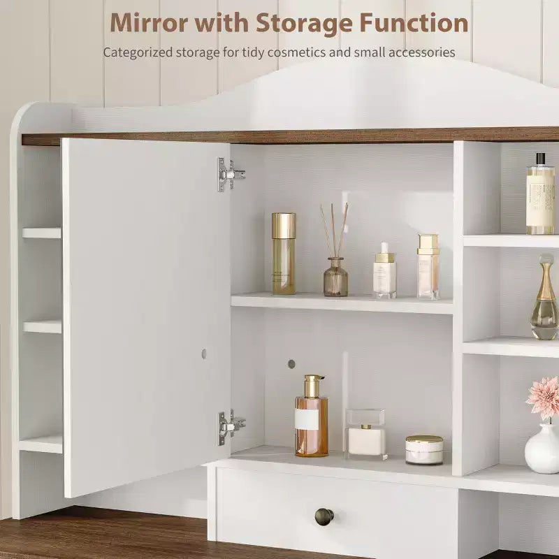 Scrivania da trucco da 47" color noce / noce+bianco con specchio, 10 cassetti e 8 ripiani, sgabello incluso – 1 persona