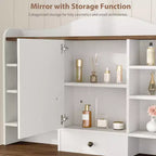 Scrivania da trucco da 47" color noce / noce+bianco con specchio, 10 cassetti e 8 ripiani, sgabello incluso – 1 persona