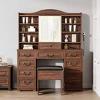Scrivania da trucco da 47" color noce / noce+bianco con specchio, 10 cassetti e 8 ripiani, sgabello incluso – 1 persona
