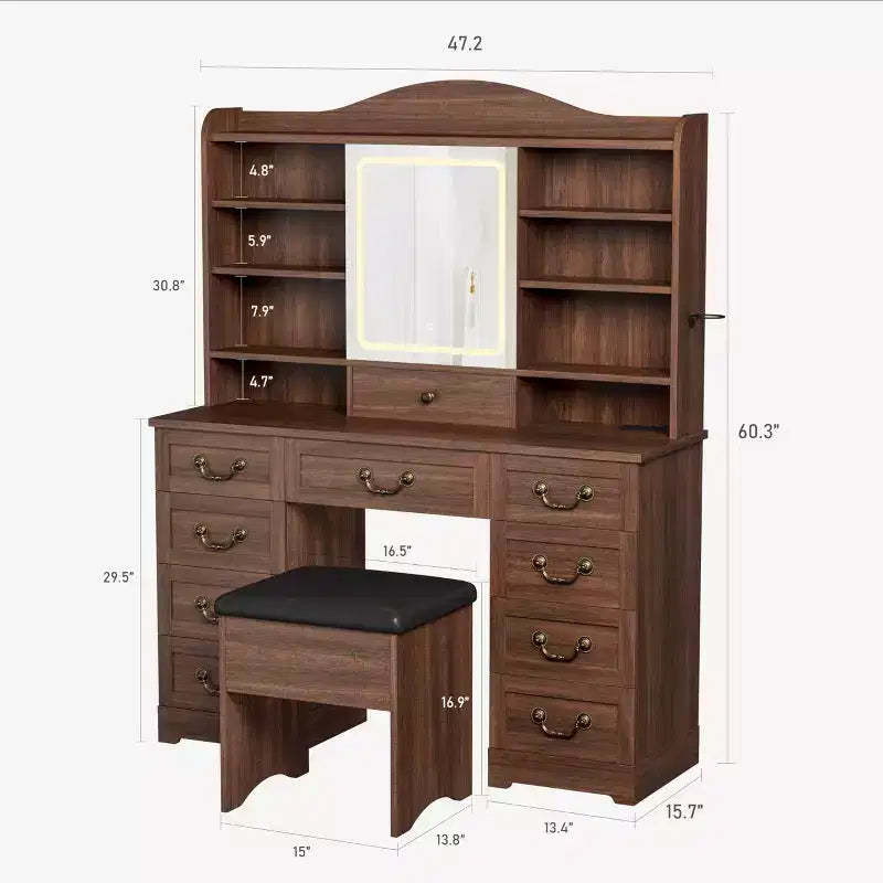 Scrivania da trucco da 47" color noce / noce+bianco con specchio, 10 cassetti e 8 ripiani, sgabello incluso – 1 persona