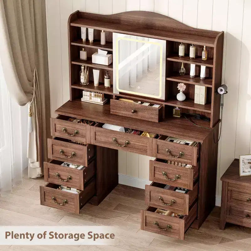 Scrivania da trucco da 47" color noce / noce+bianco con specchio, 10 cassetti e 8 ripiani, sgabello incluso – 1 persona