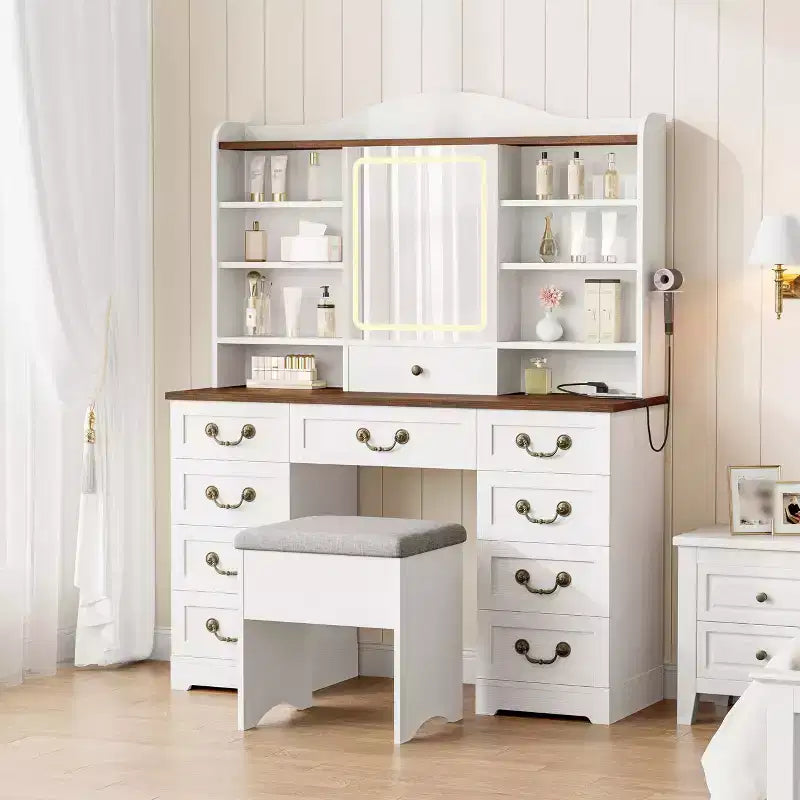 Scrivania da trucco da 47" color noce / noce+bianco con specchio, 10 cassetti e 8 ripiani, sgabello incluso – 1 persona