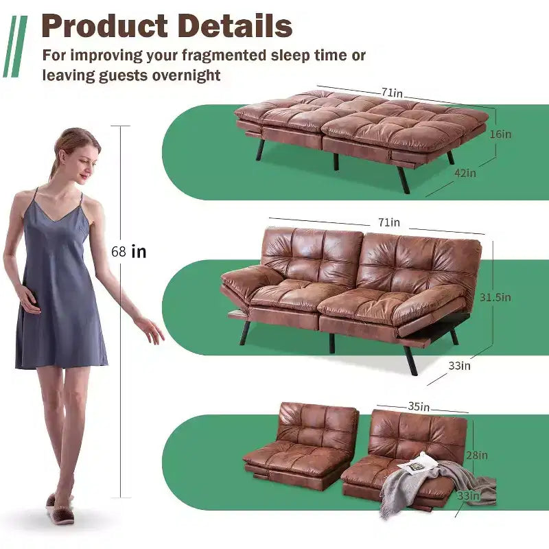 Divano Letto Convertibile in Ecopelle Nero/Marrone/Grigio, 2-3 Posti