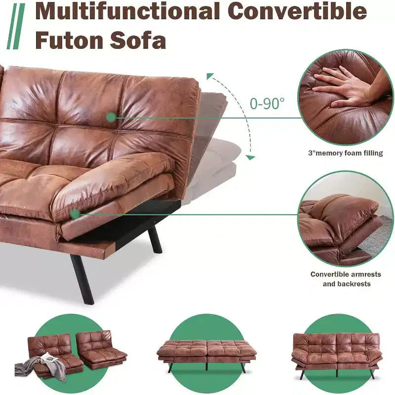 Divano Letto Convertibile in Ecopelle Nero/Marrone/Grigio, 2-3 Posti