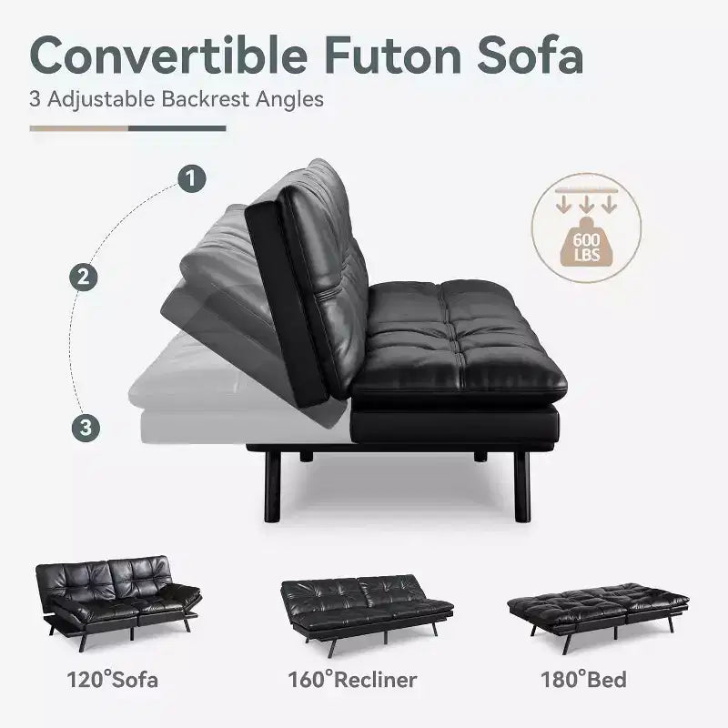 Divano Letto Convertibile in Ecopelle Nero/Marrone/Grigio, 2-3 Posti
