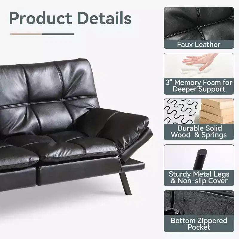 Divano Letto Convertibile in Ecopelle Nero/Marrone/Grigio, 2-3 Posti