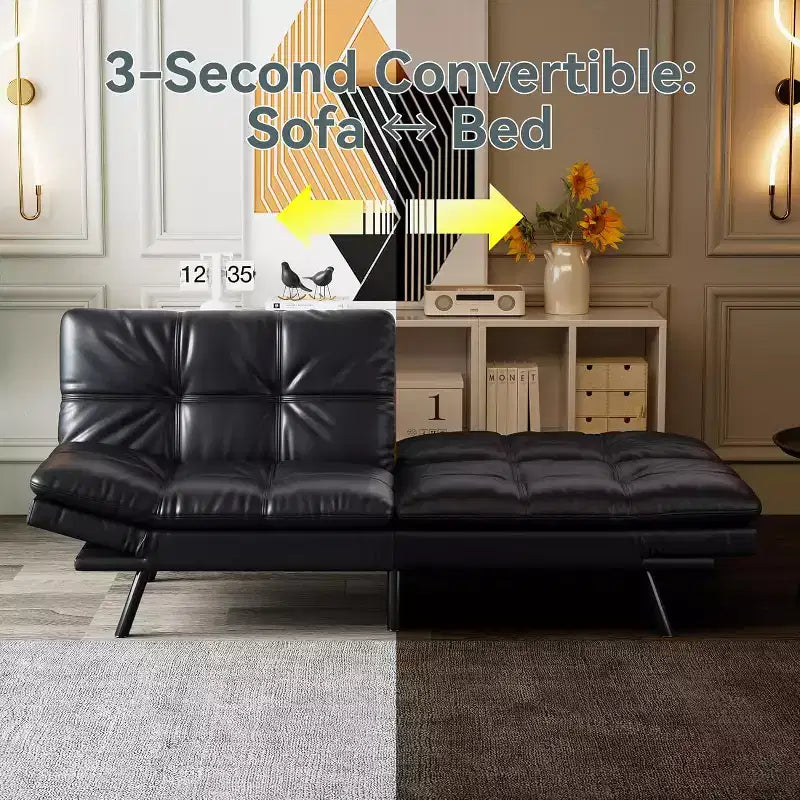 Divano Letto Convertibile in Ecopelle Nero/Marrone/Grigio, 2-3 Posti