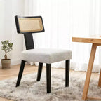 Homy Casa Set of 2 Upholstered Dining Chairs with Rattan Back and Black Wood Frame, Beige Fabric