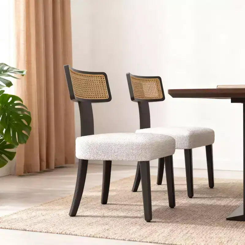 Sedia da pranzo imbottita in similpelle beige con schienale in rattan, set da 2