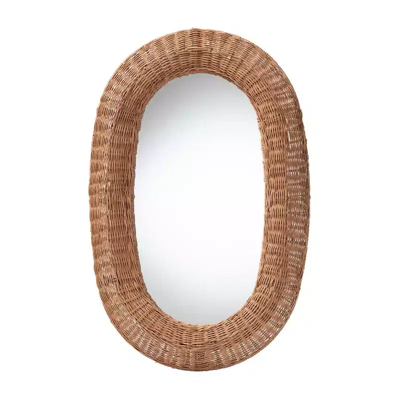 Specchio da parete ovale in rattan marrone naturale, singolo, con cornice intrecciata
