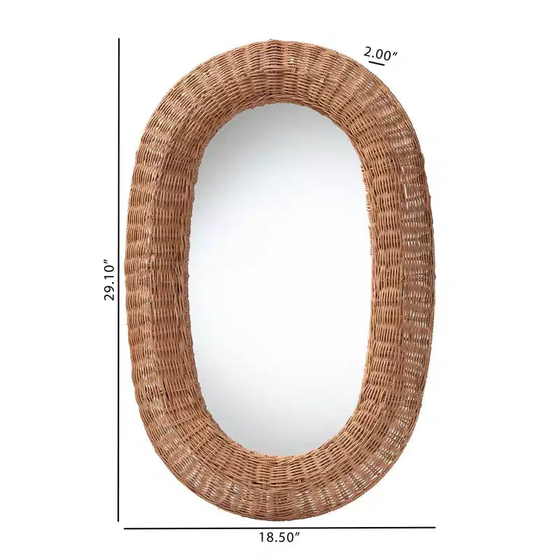 Specchio da parete ovale in rattan marrone naturale, singolo, con cornice intrecciata