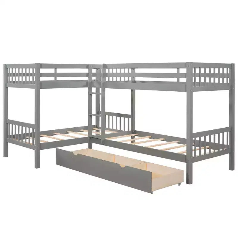 Letto a castello a L grigio/bianco singolo su singolo con cassetti, 4 posti letto