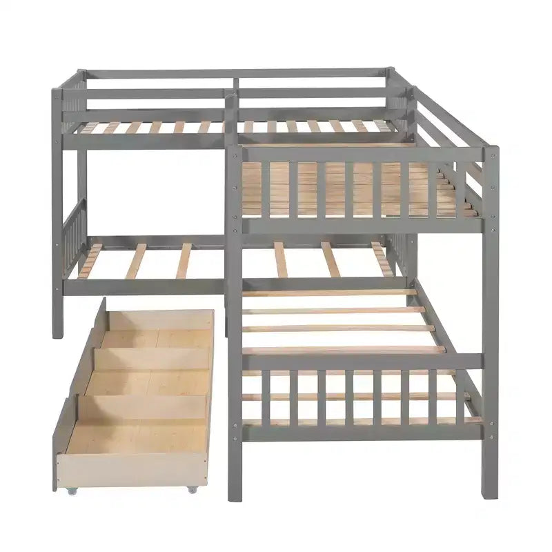 Letto a castello a L grigio/bianco singolo su singolo con cassetti, 4 posti letto