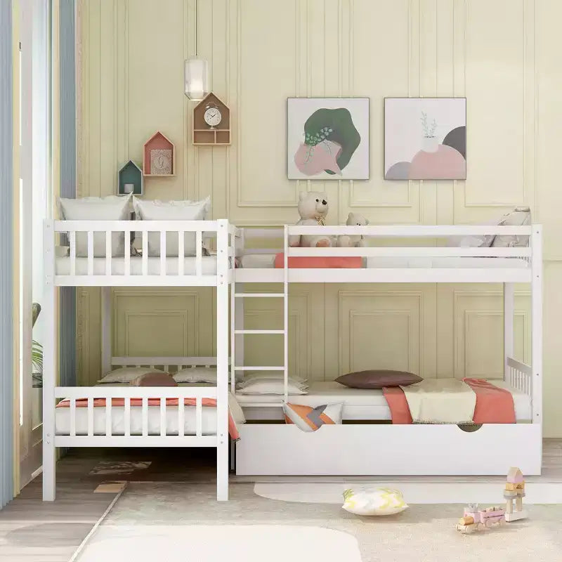 Letto a castello a L grigio/bianco singolo su singolo con cassetti, 4 posti letto