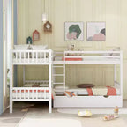 Letto a castello a L grigio/bianco singolo su singolo con cassetti, 4 posti letto