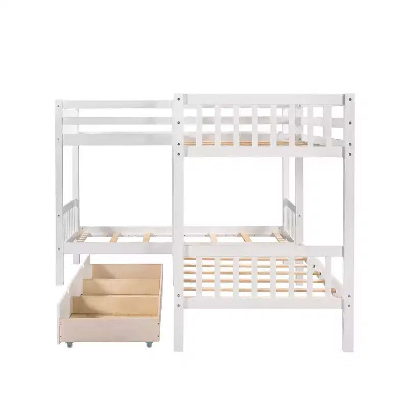 Letto a castello a L grigio/bianco singolo su singolo con cassetti, 4 posti letto