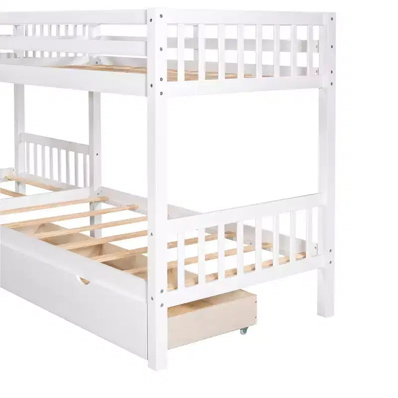 Letto a castello a L grigio/bianco singolo su singolo con cassetti, 4 posti letto