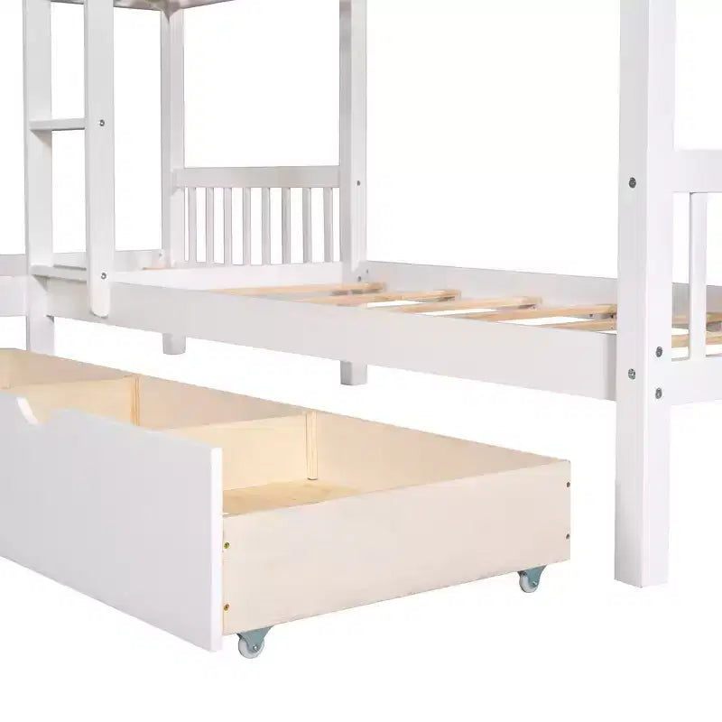 Letto a castello a L grigio/bianco singolo su singolo con cassetti, 4 posti letto