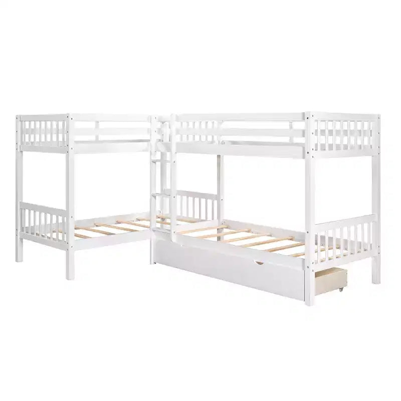 Letto a castello a L grigio/bianco singolo su singolo con cassetti, 4 posti letto