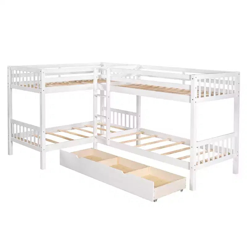 Letto a castello a L grigio/bianco singolo su singolo con cassetti, 4 posti letto
