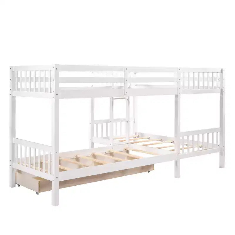 Letto a castello a L grigio/bianco singolo su singolo con cassetti, 4 posti letto