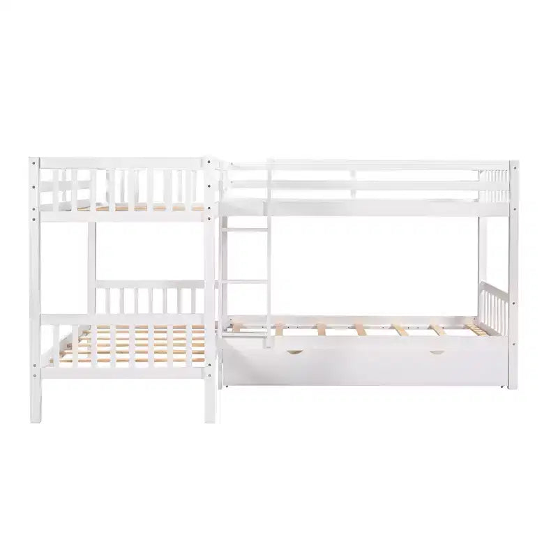 Letto a castello a L grigio/bianco singolo su singolo con cassetti, 4 posti letto