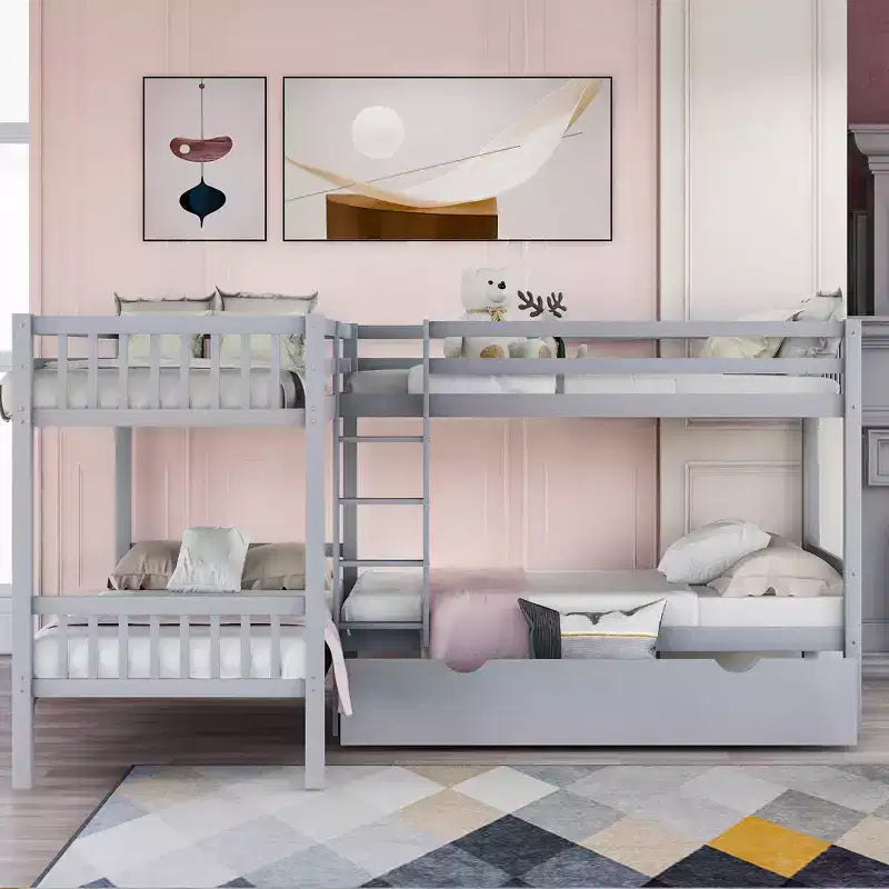 Letto a castello a L grigio/bianco singolo su singolo con cassetti, 4 posti letto