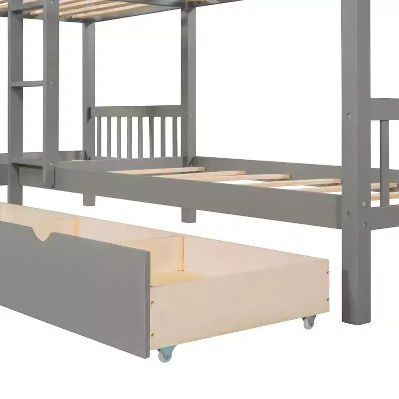 Letto a castello a L grigio/bianco singolo su singolo con cassetti, 4 posti letto
