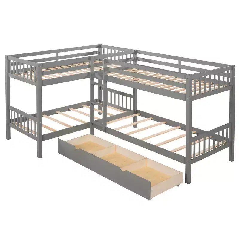 Letto a castello a L grigio/bianco singolo su singolo con cassetti, 4 posti letto